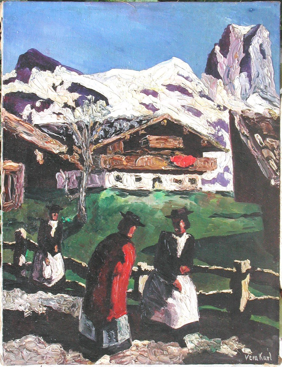Vera KARL "Chalet dans les Alpes" huile sur toile 60x50